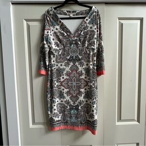 Boston Proper Floral Paisley Bright Colorful V Neck 3/4 Sleeve Midi Dress